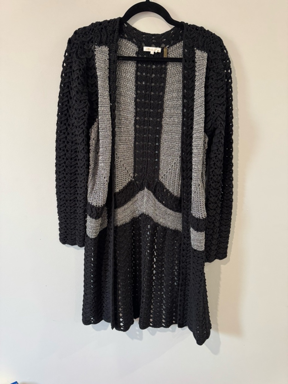 Minnie Rose Black and Gray Open-Knit Longline Cardigan Size Small